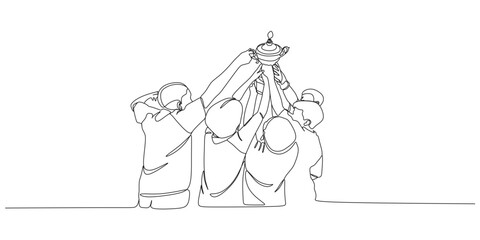 Continuous line illustration depicting a children's soccer team winning a match © Art Ris