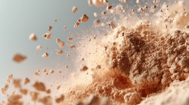 Close-up of a light-toned powder cloud exploding, with chunks of the same material suspended mid-air against a soft, blurry background