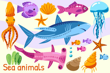 Fototapeta premium Sea Animals Illustration with Shark, Cute Marine Life Set for Children Design