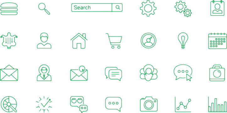 Office and communication line icons set on transparent background for business and web design.
