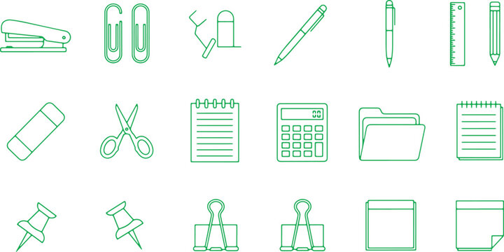 Stationery and office supplies line icons set on transparent background for school and work.