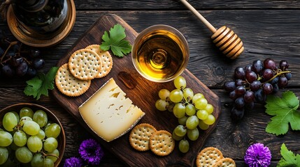 Obraz premium National Chardonnay Day: Top-down flat lay of chardonnay wine glass and bottle surrounded by gourmet cheese, fresh grapes, honey, crackers and flowers on aged wooden board