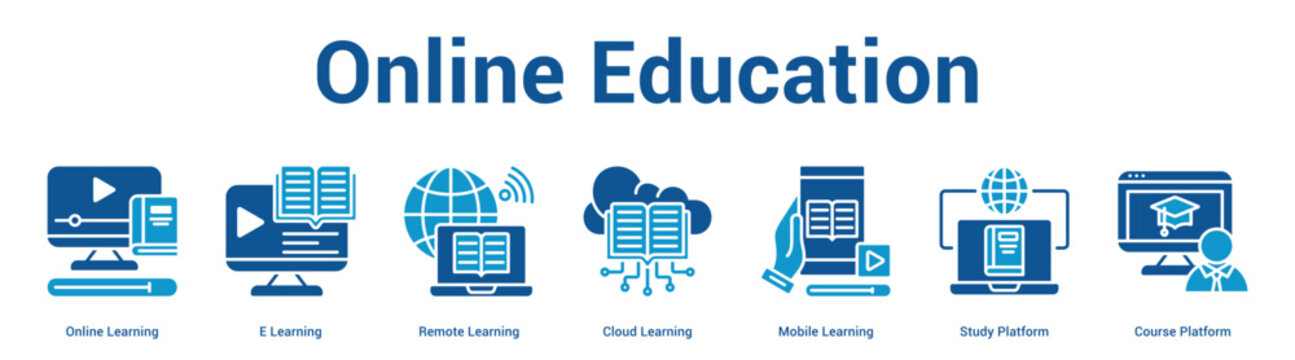 Online Education web banner icon vector illustration concept for business with icon of Online Learning, E Learning, Remote Learning, Cloud Learning, Mobile Learning, Study Platform, Course.