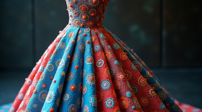 Closeup of a richly textured dress with intricate circular patterns