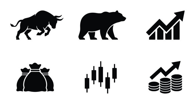 vector set of stock market symbols including bull and bear trends bags of money rising graphs and stacked coins