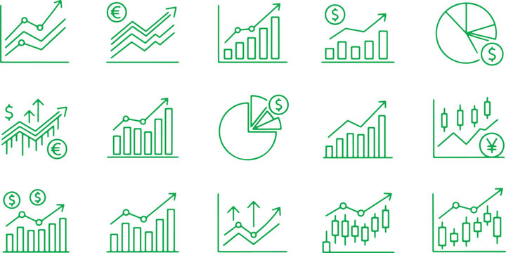 Collection of financial and business graphs with currency symbols on transparent background.