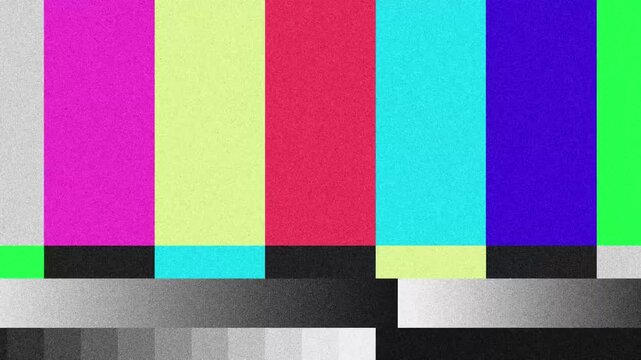 Retro TV test pattern with colorful bars and analog noise, vintage broadcast screen with glitch texture, signal error, and nostalgic media backdrop