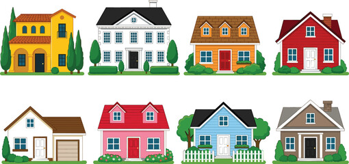 Fototapeta premium Colorful Cartoon Residential House Collection with Various Architectural Styles Gardens and Trees on White Background