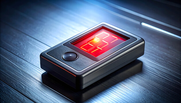Isolated digital security authenticator device with red glowing screen and single button on metallic surface, technology and access control concept