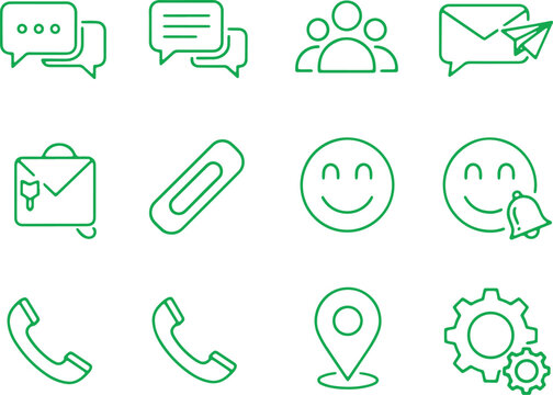Communication and social icons for messaging, people, and contact on transparent background.