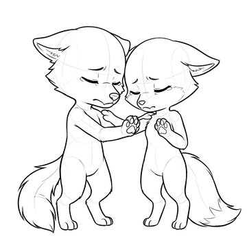 Chibi wolf and fox sad forehead touch comfort.