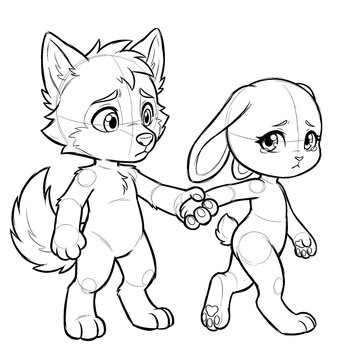 Chibi male wolf pulling female bunny hand reluctant parting.