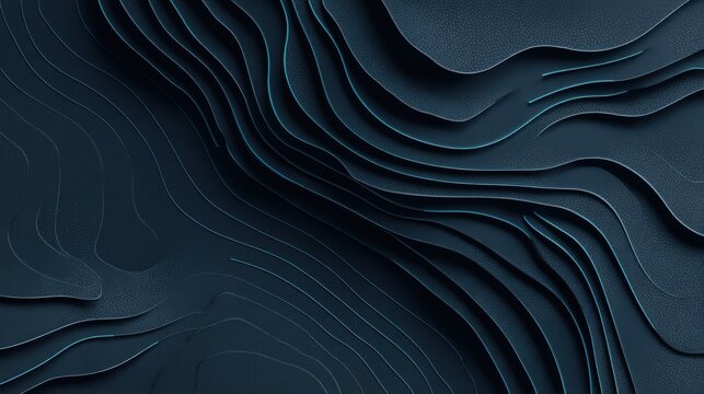 Abstract dark blue layered topographic map design with smooth, flowing contours resembling terrain elevations, human-ai balance abstract background