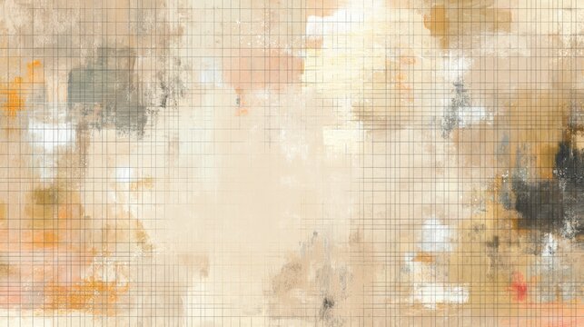 Abstract digital art with a textured grid overlay, featuring earthy tones of beige, brown, and gray with a rough, painterly finish, human-ai balance abstract background
