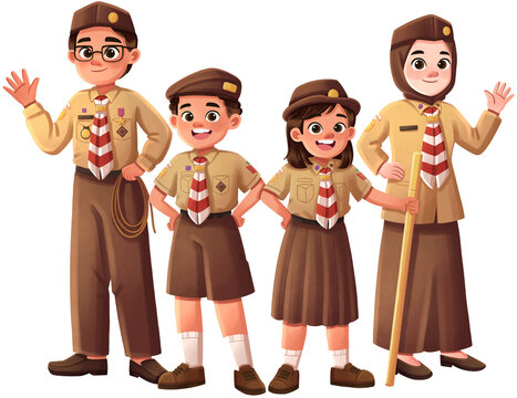 Indonesian Scout Leader with Students Illustration