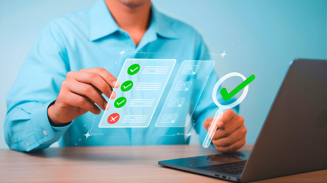 Approval at Hand: A person, clutching a glowing digital checklist, signifies the finalization and success of a project, symbolizing achievement.