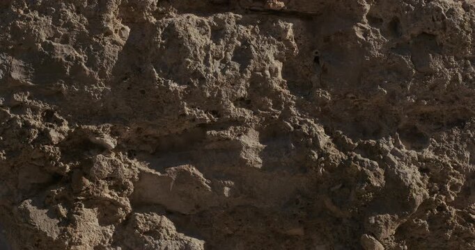 A close-up view shows a rough stone wall surface with detailed texture and natural shadows.