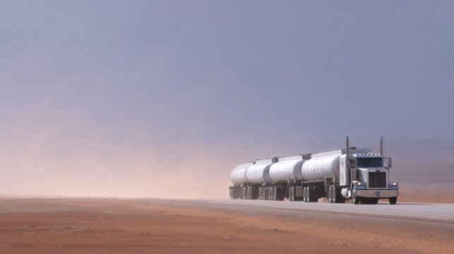 Oil tanker convoy driving across barren highway