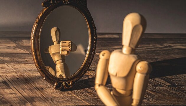 A wooden mannequin sits before an ornate oval mirror, its reflection raising an arm, symbolizing perception, duality, and self-awareness in warm, shadowed artistic composition.