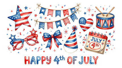 Obraz premium Festive 4th of july watercolor illustration with patriotic elements isolated on transparent background