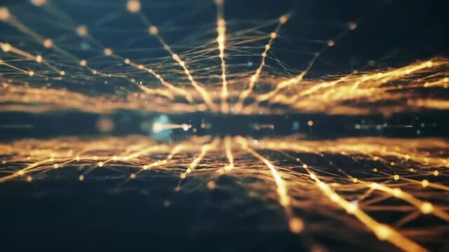 Dynamic 3D network with glowing orange nodes and pulsating lines, deep teal background, volumetric lighting, data pulses, shallow depth of field. Concept of digital transformation and innovation