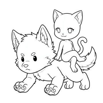 Chibi female cat sitting on back of wolf doing pushups.