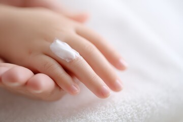 Fototapeta premium mother applying moisturizing cream on baby skin closeup childcare concept