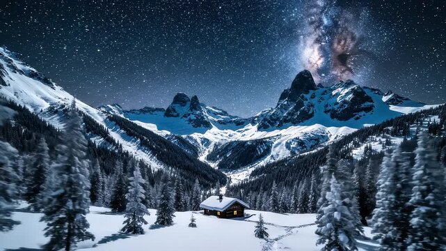Spectacular 4k cinematic aerial view of a luxury alpine cabin, bathed in dramatic starlight and deep moonlight in a snowy wilderness, conveying ultimate serenity for high-end