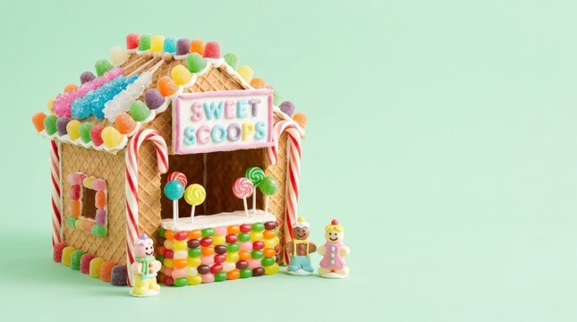 Cute ice cream shop made of sweets on green background, miniature candy store concept, playful dessert scene, clean copy space, bright cheerful styling, no logos