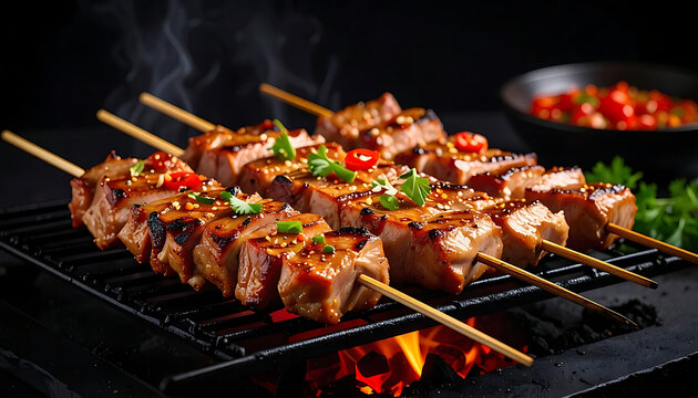 Juicy grilled meat skewers sizzling on a barbecue grill with chili flakes and fresh herbs, hot coals visible below, perfect for a summer cookout menu