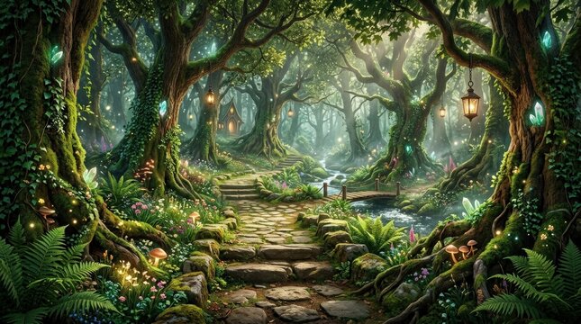Enchanting forest view with a pathway in a fantasy world, immersive woodland scene with magical depth, commercial stock appeal, balanced composition, soft natural light, realistic texture, crisp