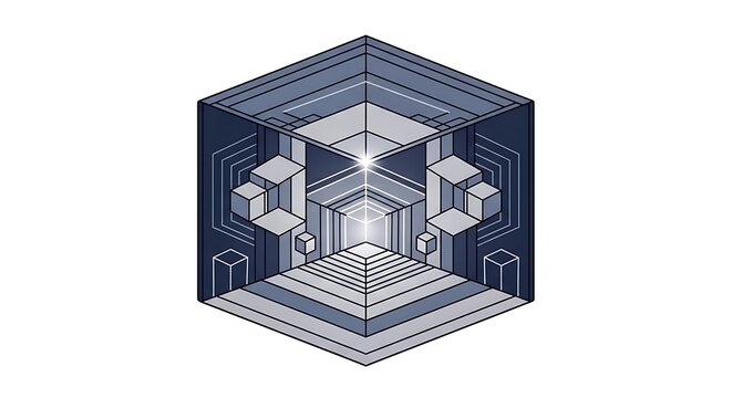 Futuristic 3D cube structure with geometric patterns.