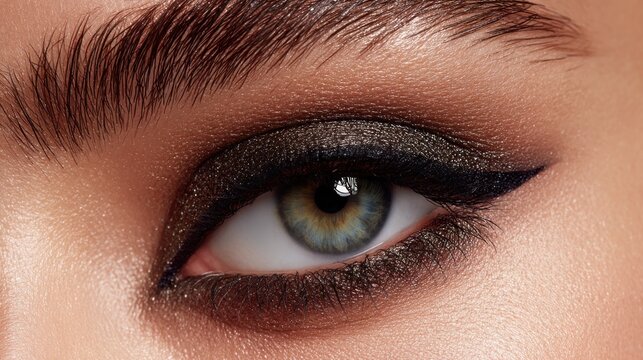 Close-up of a woman's eye showcasing dark smoky eyeshadow, a sharp winged liner, and well-groomed, glossy eyebrows. The eye is a vibrant blue-green