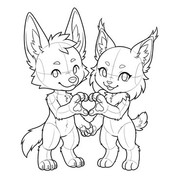 Two chibis making heart shape with animal paws base.