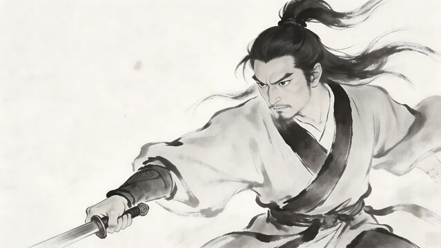 Martial artist wielding sword in traditional attire