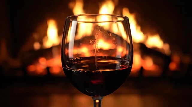 Red wine pouring into a glass with a cozy fireplace and warm glowing embers in the background symbolizing comfort and relaxation and a luxurious lifestyle