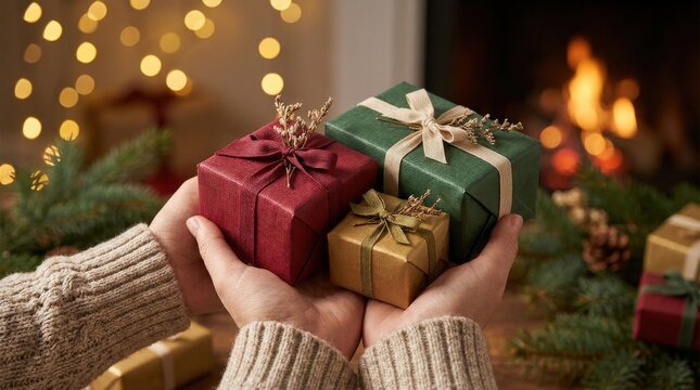 Hands offering three wrapped gift boxes with ribbons, festive giving concept, elegant present presentation and warm holiday mood, no logos