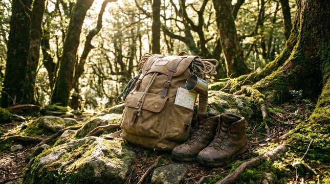 Hiking backpack and boots on rocky ground in a sunlit forest, outdoor adventure gear, travel and trekking concept, no logos