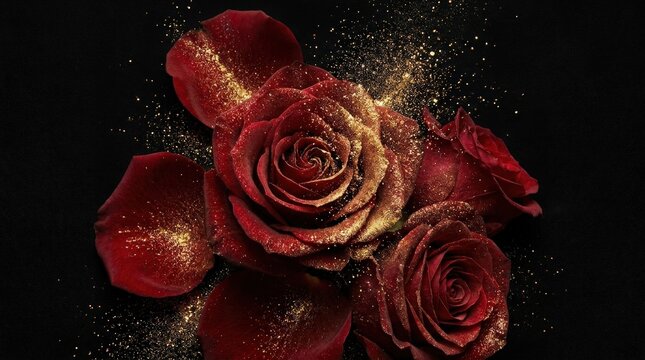 Red roses with exploding gold glitter on black background, romantic luxury floral composition, dramatic petals and sparkling contrast, no logos