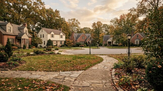 Vintage textured effect on a cul de sac pathway with empty space for text, nostalgic suburban background for real estate, community and seasonal design themes, muted tones, quiet perspective and