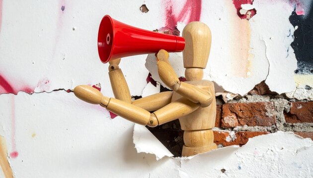A wooden mannequin raises a vivid red megaphone against a cracked wall, symbolizing bold expression, breaking silence, and amplifying voice through artful, striking communication imagery.