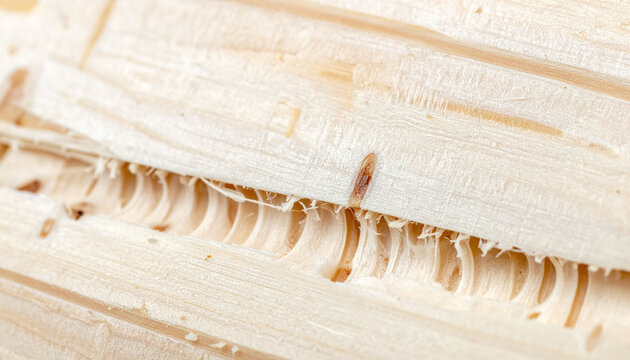 Extreme macro of woodworm infestation in light timber, showing intricate tunnels and larvae. Symbolizing decay and structural damage, perfect for pest control or construction visuals.
