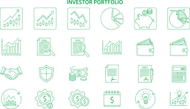 Investor portfolio financial icons green outline on transparent checkered background.