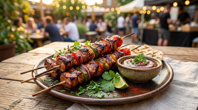 Grilled meat skewers dish plated with garnish and sauce, appetizing barbecue concept for street food, restaurant menu and summer dining themes, juicy charred texture and rich color create strong