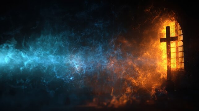 Christian cross glowing in mystical orange and blue flame light in dark church background