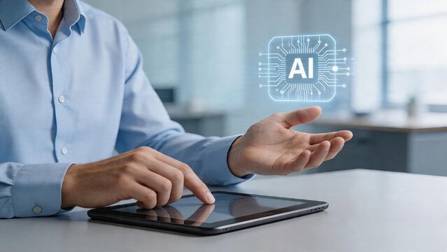Businessman interacting with tablet device displaying artificial intelligence holographic chip interface technology innovation concept future digital workspace modern office