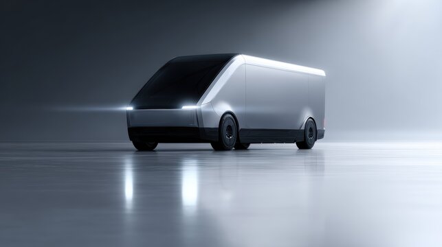 Futuristic silver delivery van concept vehicle, autonomous logistics transportation technology, clean studio lighting