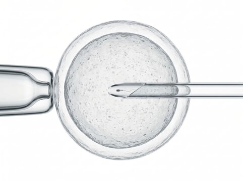 Microscopic view of intracytoplasmic sperm injection procedure for in vitro fertilization treatment on white background.