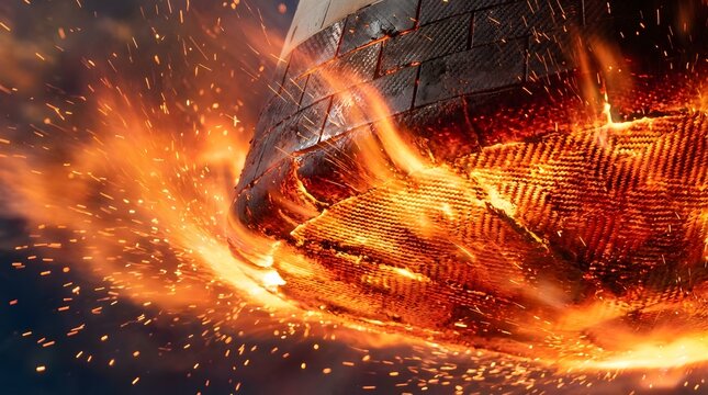 Heat shield protection glowing bright orange during atmospheric re-entry with sparks flying.