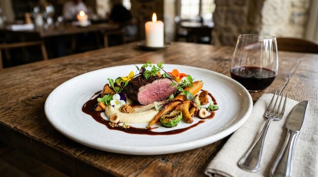 Gourmet food arrangement on a white plate, elegant fine dining concept for restaurant menu, catering and premium culinary themes, refined ingredients and balanced plating create a clean appetizing